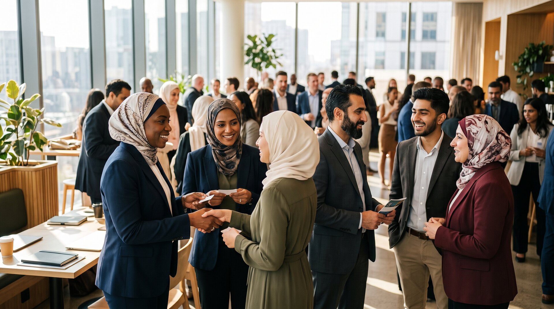 Muslim business owners networking at a professional event